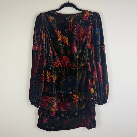 Farm Rio Womens Crazy Mix Velvet Jungle Safari Plunge Neckline Mini Dress XS - Picture 2 of 10